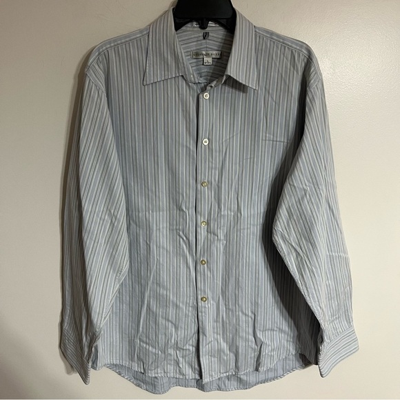 Men’s Geoffrey Beene Dress Shirt Blue White Stripes Size Large 16-16.5 - Picture 1 of 10